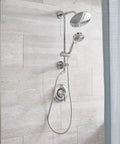 Shower Only System With Rain Showerhead In Chrome Finish Eva Trim Kit For Upgrading Your Bath Valve Not Included But Requires Posi Temp Valve For Install Easy To Install Shower Trim For Modern Homes, showing installed shower trim on tiled wall.