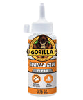 Front view of Gorilla Glue clear glue bottle, 3.75 oz, white plastic bottle with orange label