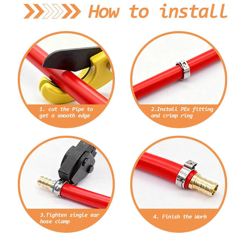 Installation steps for 130 Piece Stainless Steel Single Ear Hose Clamps Pack For Three Quarter Inch PEX Tubing Fittings And Pipe Connections