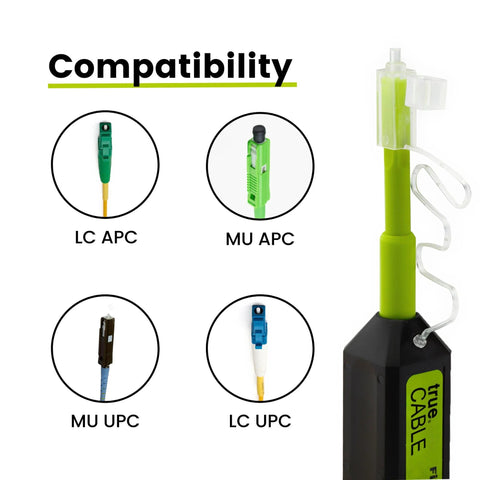 TRUE CABLE fiber optic dual-position pen cleaner for LC/MU APC/UPC connectors; green body with 4 connector types