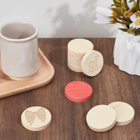 Unfinished Wooden Circles Craft Blanks, Smooth Two Inch Plywood Discs For Diy Painting And Woodburning arranged on a wooden table.