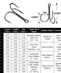 Diagram of 25 Piece Treble Hooks Set High Carbon Steel Ultra Sharp For Saltwater And Freshwater Fishing Lures Replacement Pro Grade Bass Trout Angling Hooks With Three Curved Points For Higher Hook Up Rates, featuring size chart and measurements.