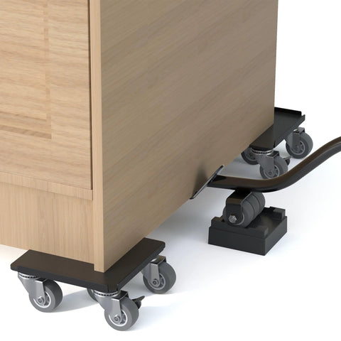 Installed under wooden cabinet: IURRDOP 24'' black alloy steel furniture lifter with caster wheels