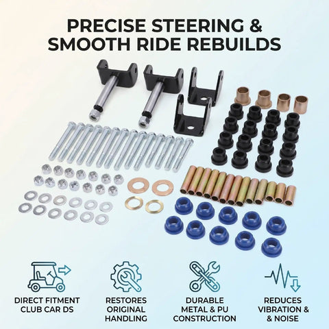 Beefed Up Golf Cart Front End Rebuild Kit For Club Car DS 1993 And Up Gas Or Electric With Polyurethane Bushings And Solid Metal Hardware
