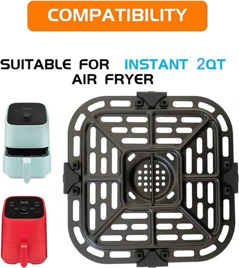 Upgraded Square Air Fryer Grill Plate For 2 Quart Instant Vortex Mini Nonstick Crisper Pan Insert Rack viewed from above with compatibility text.