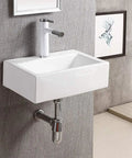 Rectangular White Porcelain Wall Mount Bathroom Sink With Hardware Included Measures 16.75 Inches Long By 12 Inches Wide By 5.125 Inches High Drain And Faucet Not Included Sleek Modern Look For Bathrooms Or Powder Rooms