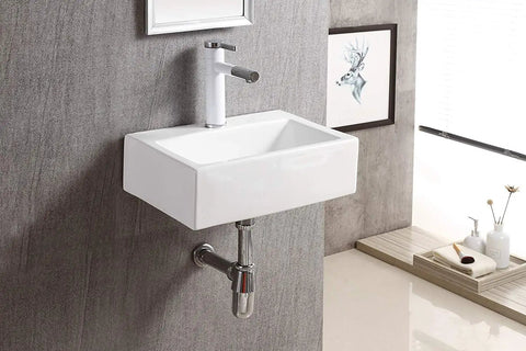 Rectangular White Porcelain Wall Mount Bathroom Sink With Hardware Included Measures 16.75 Inches Long By 12 Inches Wide By 5.125 Inches High Drain And Faucet Not Included Sleek Modern Look For Bathrooms Or Powder Rooms