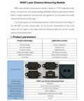 MINIF laser distance measuring module with compact design and multiple views, including connector details in black casing.