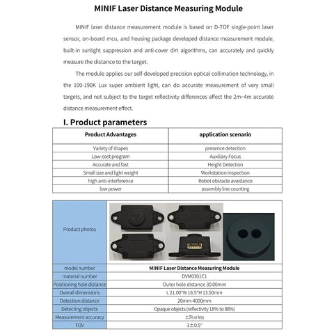MINIF laser distance measuring module with compact design and multiple views, including connector details in black casing.