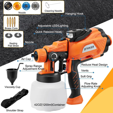 Powerful 800W HVLP Electric Paint Sprayer With LED Light, 1200ml Cup, featuring nozzles, spray knob, and adjustable features
