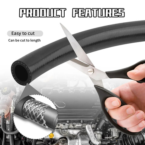 Black silicone heater hose for automotive coolant, ID 16 mm, OD 24 mm, braided reinforcement, shown being cut to length.