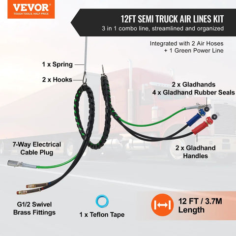 15 Foot Semi Truck Air Lines Kit With Glad Hands And 3 In 1 Air Hoses Plus 7 Way ABS Power Line hanging with components labeled