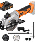 Hot Rodded Cordless Circular Saw With Laser Guide For Spot On Cuts Every Single Day 20V Rechargeable Battery Blasts 3400 Rpm Blade 45 Degree Angled Bevel Switch Compact Shop Tool That Truly Bangs Out Quality Work Fast, showing 20V saw, battery, and accessories.