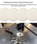 Zero Clearance Band Saw Table Insert Set For Precise Clean Cuts And Zero Tearout, Gains Stability And Safety With Nylon Inserts, Fits Most Bandsaws, Improves Blade Control And Edge Quality, Four Pack shown on a bandsaw table