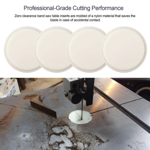 Zero Clearance Band Saw Table Insert Set For Precise Clean Cuts And Zero Tearout, Gains Stability And Safety With Nylon Inserts, Fits Most Bandsaws, Improves Blade Control And Edge Quality, Four Pack shown on a bandsaw table