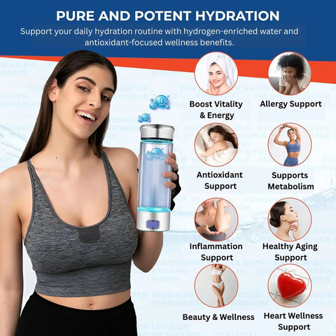 Smiling person holding Hydrogen Water Bottle Generator With Lab Tested Output Up To 3310 PPB, SPE PEM Technology, Premium Borosilicate Glass.