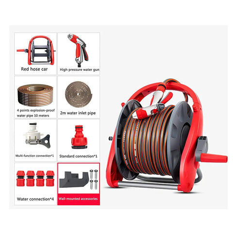 Slick Wall Mounted Garden Hose Reel Holder Featuring Expandable Metal Build and Zero Hassle Watering Cart with 10m water hose.