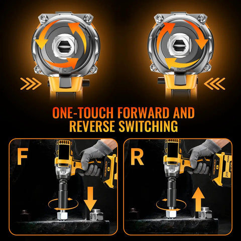 Heavy Duty Cordless Impact Wrench Delivers Hella Power With A Brushless Motor And Variable Speed Trigger, showing forward and reverse switching.