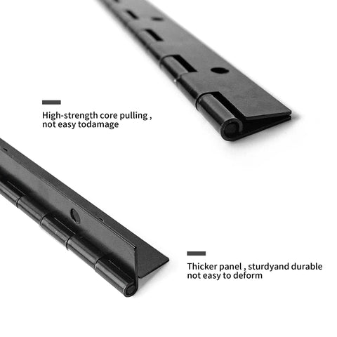 Six Pack Rock Solid Black Piano Hinges 18 Inch Heavy Duty Continuous Barrel Hinges For Cabinets close-up view showing design details.
