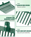 Six Pack ABS Plastic Manure Fork Heads With 18 Tines For Gardening And Horse Stall Cleanup Replacement Pitchfork Heads Includes Screws And Nuts Durable And Stable Olive shown with features like beveled edge and hardware included.