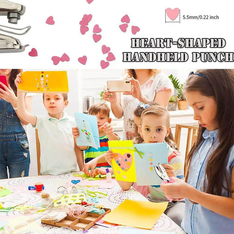 Children crafting with Heart Shaped Paper Punch Handheld Perforator for DIY crafts and scrapbooks, soft grip handle visible