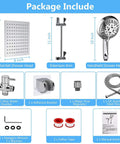 Package contents for High Pressure Rainfall Shower Head Combo With 11 Inch Extension Arm And 9 Settings Handheld, showing components.