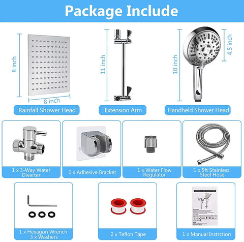 Package contents for High Pressure Rainfall Shower Head Combo With 11 Inch Extension Arm And 9 Settings Handheld, showing components.