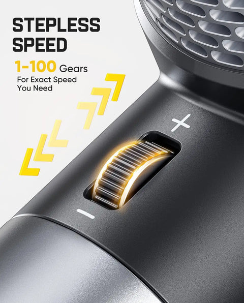 Close-up of Gust B11 Mix 110000RPM Electric Air Duster And Portable Fan's stepless speed control dial with gears 1-100.