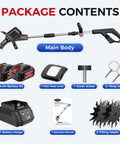 Cordless Electric Tiller For Gardening With Dual 4.0Ah Batteries, Total 8.0Ah Power, 9 Inch Width package contents displayed.