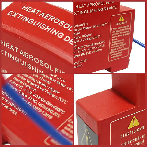 Close-up of a 5 Pack Automatic Fire Extinguisher Guide Rail Mount Thermal Sensor Heat Activated Aerosol Suppression System 20g showing details and label.