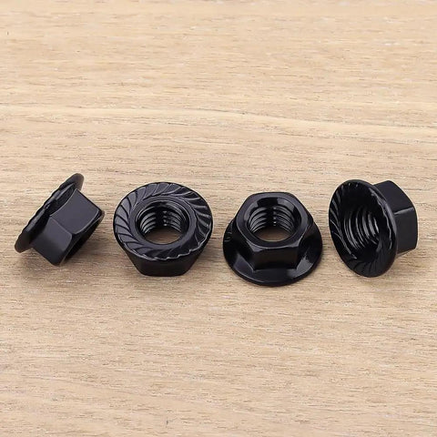 Heavy Duty M8 1.25 Hex Serrated Flange Nuts 304 Stainless Steel Black Oxide Finish Tough As Nails Grip For Automotive And Home Garage Diy Projects 20 Pack displayed on a wood surface.