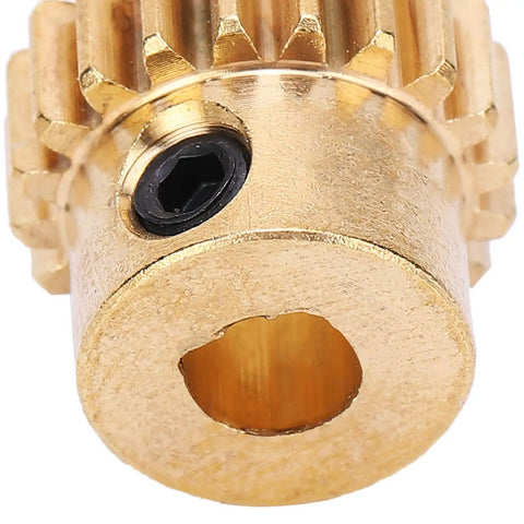Close-up of Beefy Brass Gear Replacement with 20 teeth, 6mm bore for 0.8 MOD robotic applications in industrial robots.