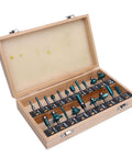 Top Grade 20 Piece Carbide Router Bit Set With Strong Tongue Groove For Smooth Woodworking Cuts 1/2 Inch Shank displayed in wooden case.