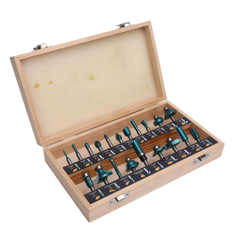 Top Grade 20 Piece Carbide Router Bit Set With Strong Tongue Groove For Smooth Woodworking Cuts 1/2 Inch Shank displayed in wooden case.