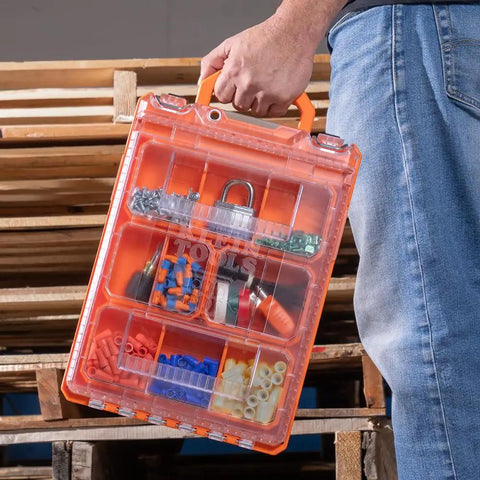 Person holding the MODBOX Replacement Bins Four Pack Rectangle and Square Bins for Small Parts Storage with Dividers in a toolbox.