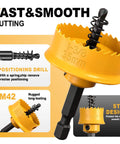Front view: KATA 3-piece hole saw set in yellow with serrated teeth; sizes 7/8, 1-1/8, 1-3/8 in for metal and plastic