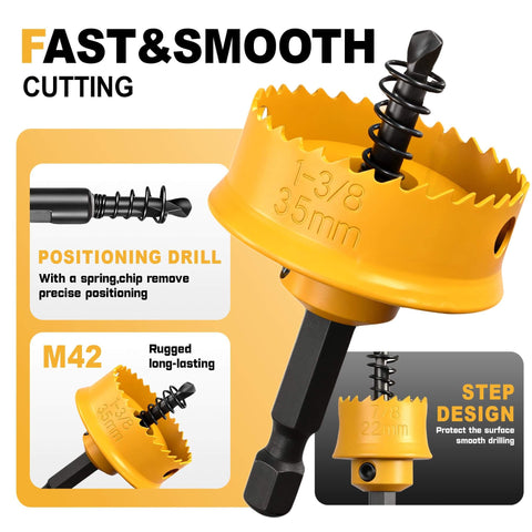 Front view: KATA 3-piece hole saw set in yellow with serrated teeth; sizes 7/8, 1-1/8, 1-3/8 in for metal and plastic