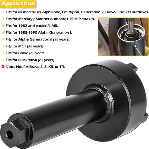 Side view of black metal bearing carrier retainer wrench tool for Mercruiser Alpha One outdrives