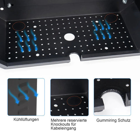 Inside view of the Drop Dead Sturdy EV Charger Cover With Weatherproof Lock Enclosure For Tesla Chargepoint And Grizzl E Plugs, showcasing ventilation and knockout holes.