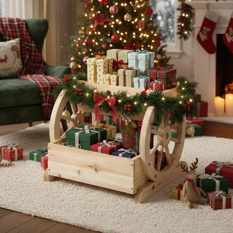 Cute Wooden Wagon Planter Box With Storage, Rustic Wheel Planter Decor adorned with holiday gifts and greenery indoors