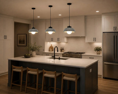Karjera Black Pendant Lights Kitchen Island, Ribbed Concrete Hanging Light over a modern kitchen island with wooden stools.