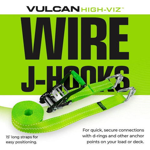 Heavy Duty Axle Tie Down Kit Featuring Hella Bright Neon Green 2 Inch Webbing And Reliable Wire J Hook Ratchet Straps for easy securing.
