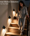 Sthalaxis 3PCS Motion Sensor Wall Lights - Battery Operated LED Wall Sconce Magnetic Wireless Wall Sconces Suitable for Staircases, Hallways, Bedrooms, and Bar Counters (Cold Light) on staircase.