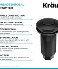 Easy Install Garbage Disposal Air Switch Kit In Matte Black with push button features and specifications outline