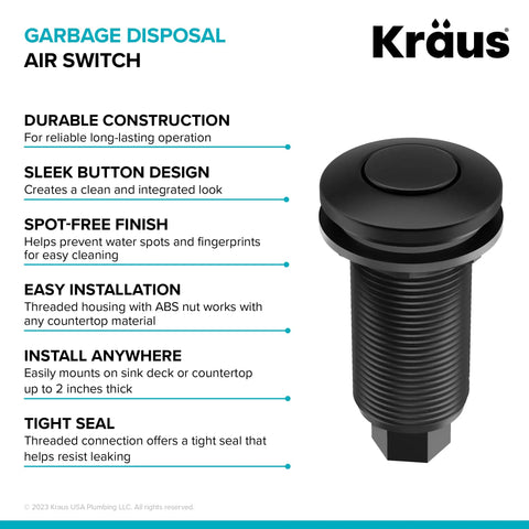 Easy Install Garbage Disposal Air Switch Kit In Matte Black with push button features and specifications outline