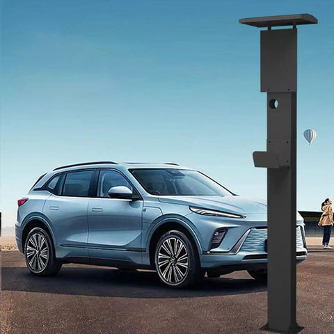 All Weather Rated Outdoor Electric Charger Pedestal Stand beside a silver EV, matte black finish, galvanized steel construction.
