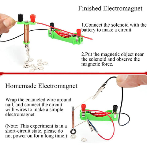 Electromagnet experiment with wires in Magnetism And Electricity STEM Kit For Kids 70 Piece Set Hands On Physics Experiments.