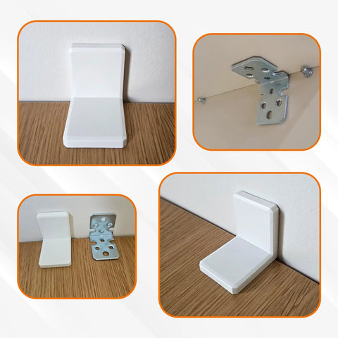 Heavy Duty White L Brackets For Shelves And Cabinets Stainless Steel Corner Supports With Smooth Plastic Caps Pack Of Four showing installation angles.