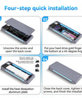 Four-step installation guide for No Fuss Portable M.2 NVMe SATA SSD Enclosure USB 3.2 Type C 10Gbps with detailed instructions.