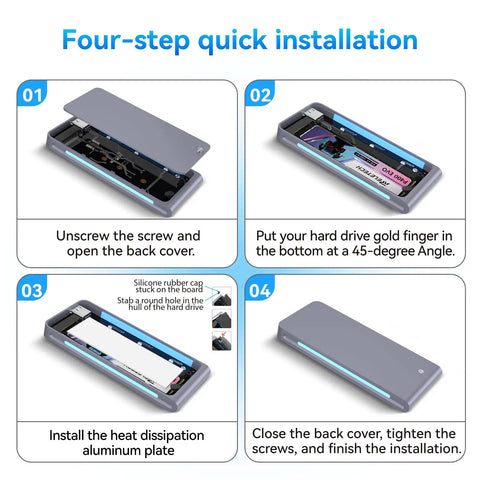 Four-step installation guide for No Fuss Portable M.2 NVMe SATA SSD Enclosure USB 3.2 Type C 10Gbps with detailed instructions.